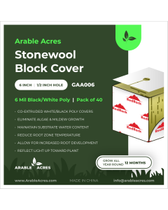 Arable Acres Stonewool Block Cover - 6 Mil Black/White Poly - 1/2-Inch Stalk Hole - 1/4-Inch Emitter Hole - 6-Inch x 6-Inch (Pack of 40) (120/Cs)